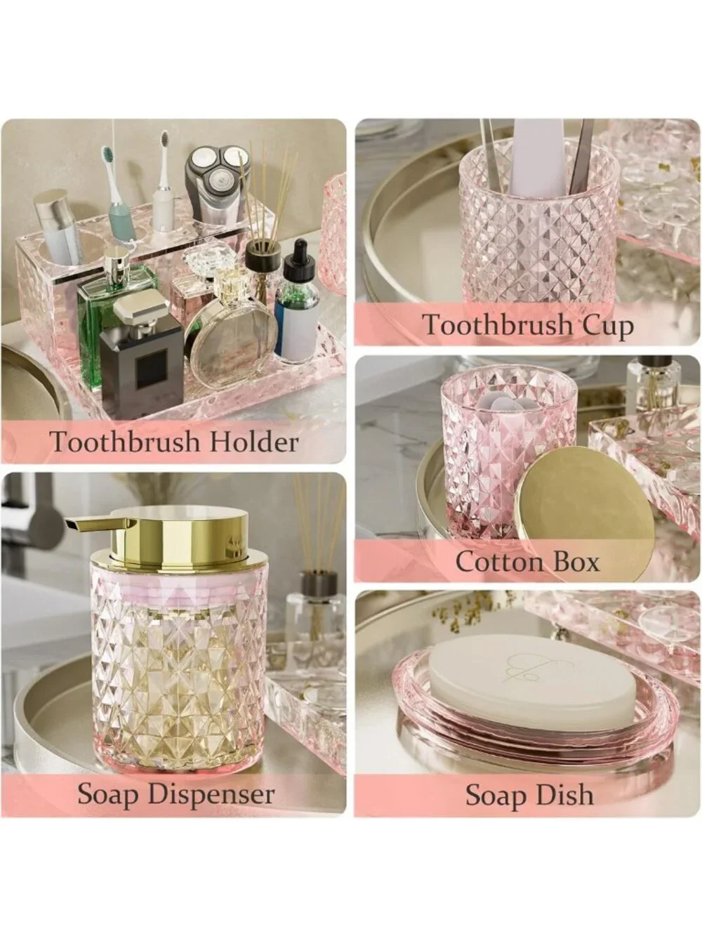 Elegant 5-Piece Pink Crystal Bathroom Accessories Set - Soap Dispenser
